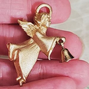 Vintage 70's gold angel with 3D real bell brooch pin Robyn Rush euc Christmas